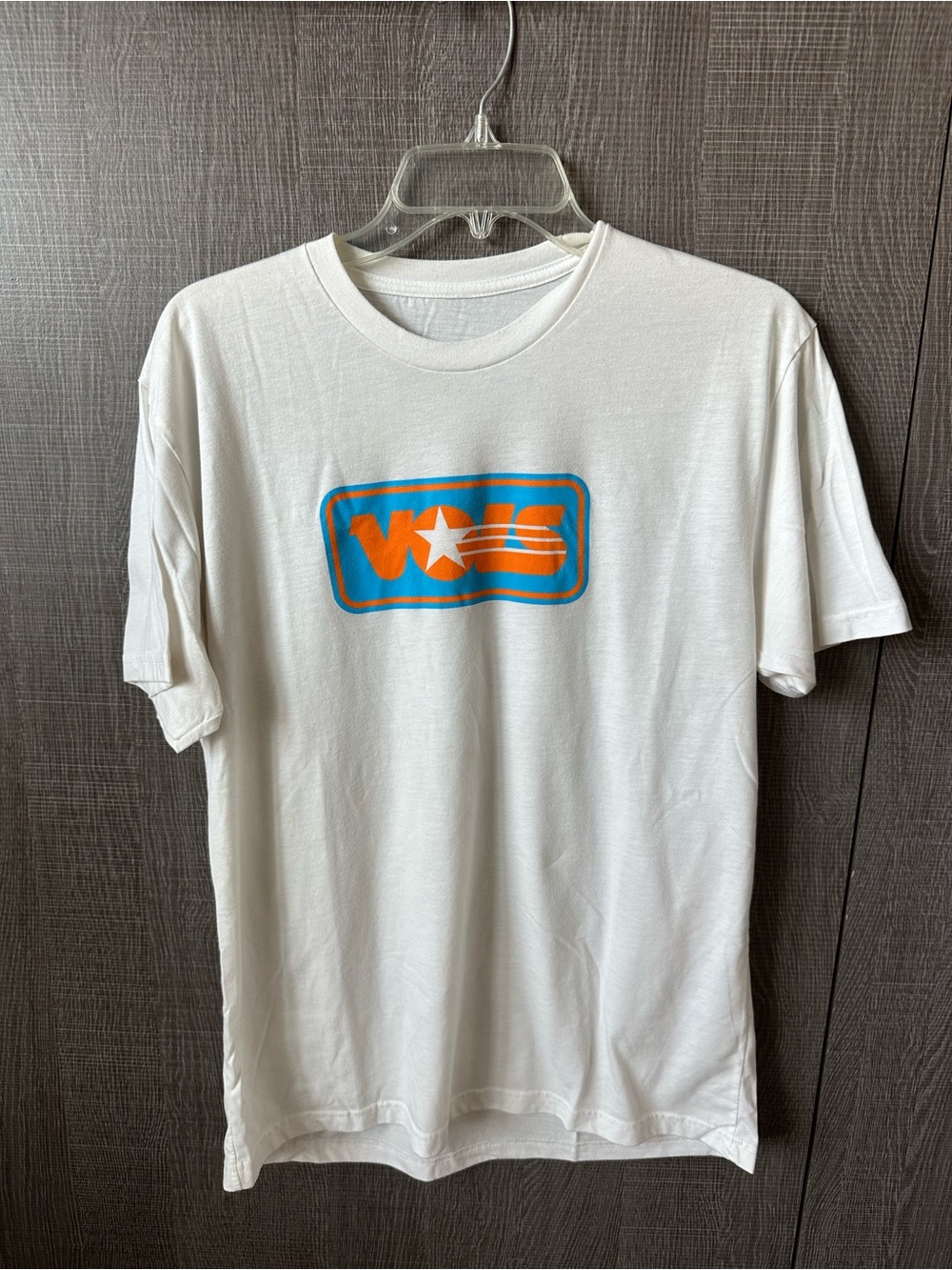 White mens Crewneck T-Shirt with Retro Orange & Blue Vols Logo